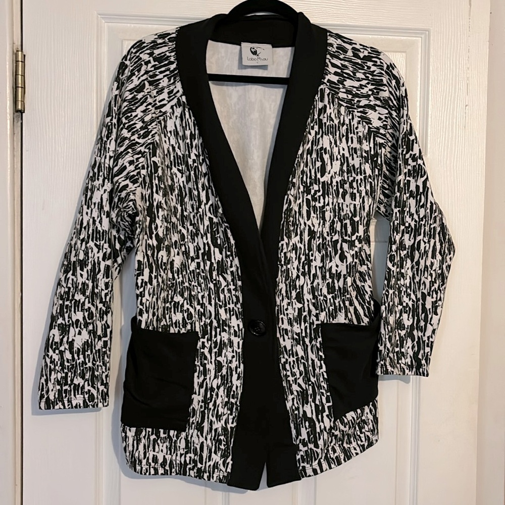 Lobo Mau L blazer cotton stretch print jacket with pockets large black white